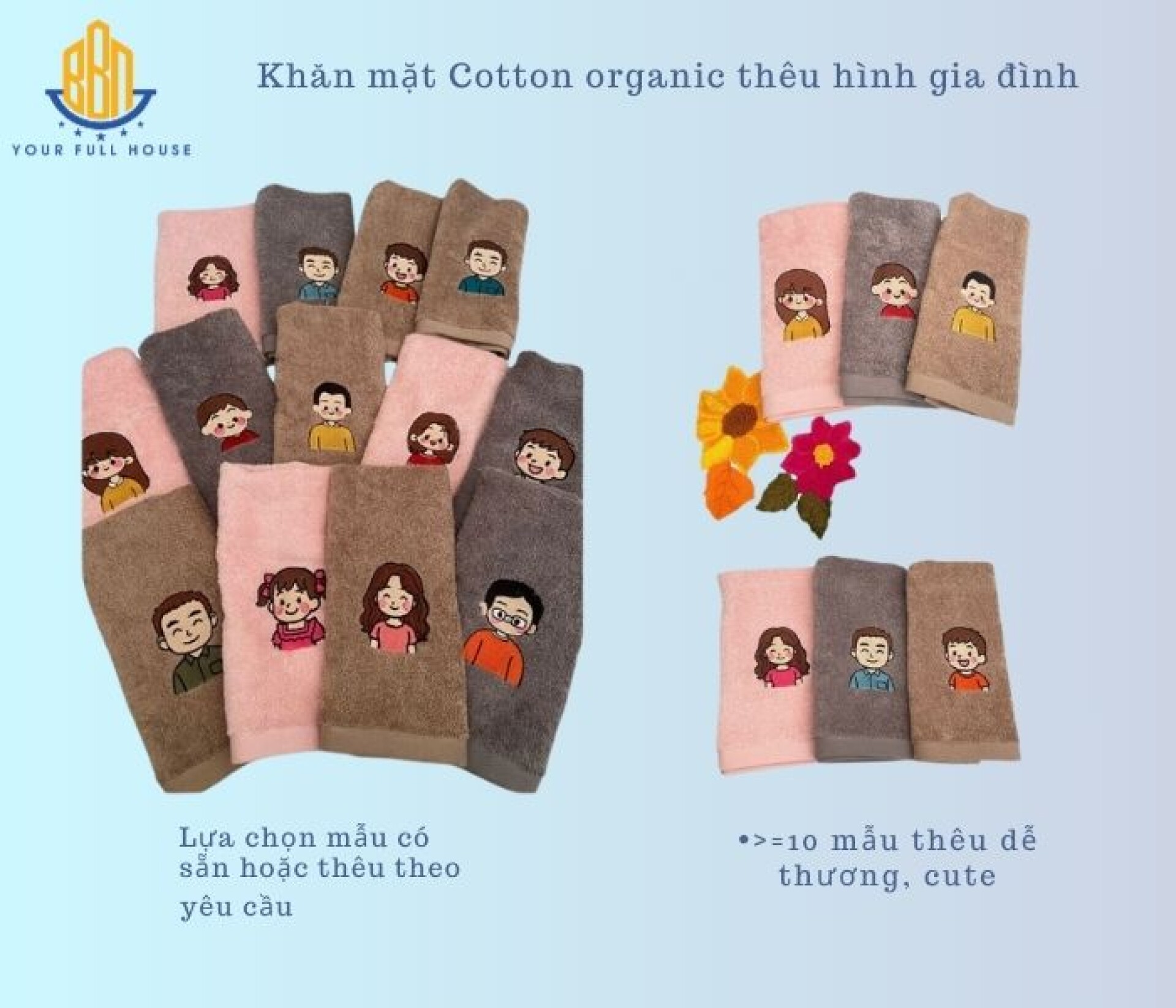 Khăn Mặt Cotton Hữu Cơ Thương Hiệu BBN Thêu Hình Gia Đình 30x45cm Chất Lượng
