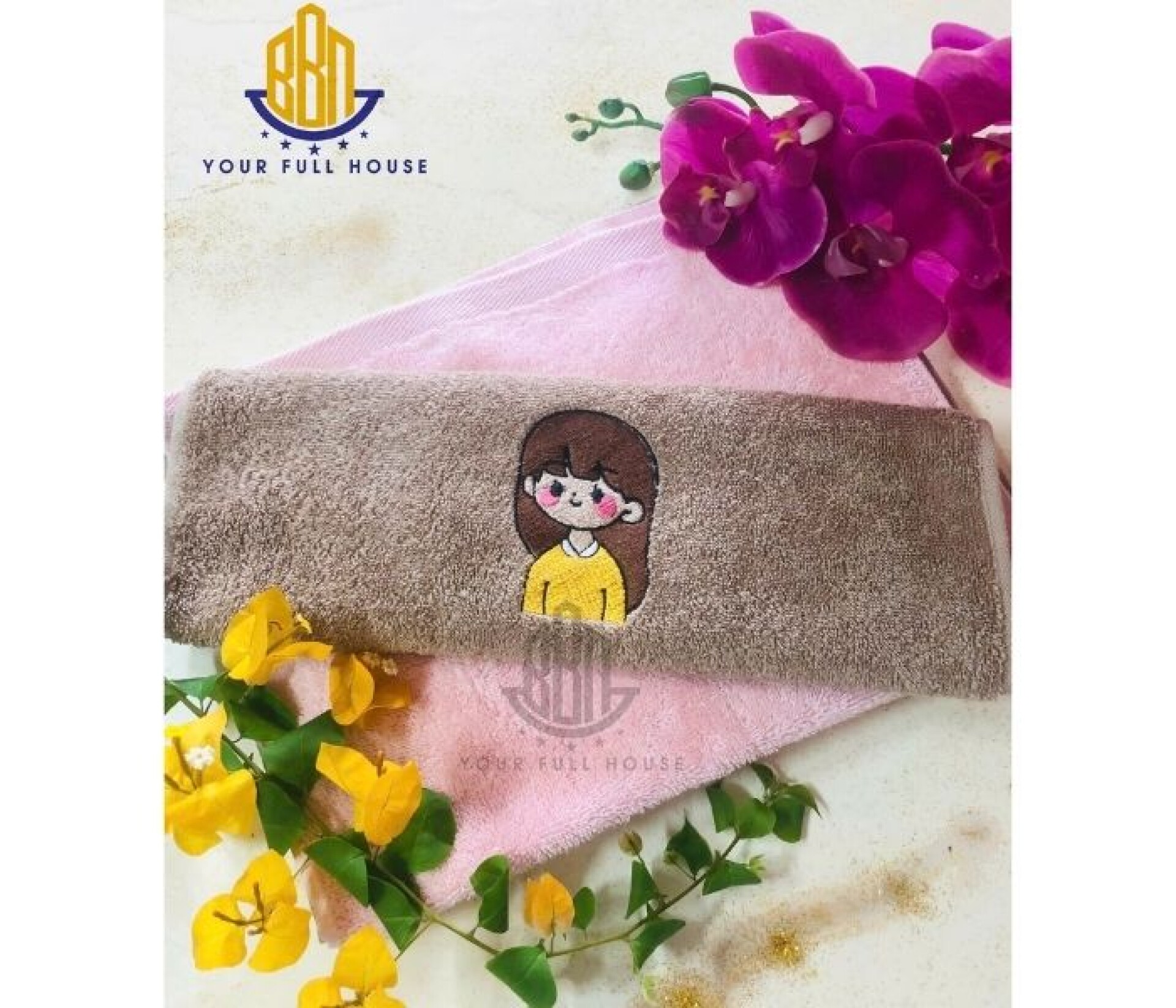 Khăn Mặt Cotton Hữu Cơ Thương Hiệu BBN Thêu Hình Gia Đình 30x45cm Chất Lượng