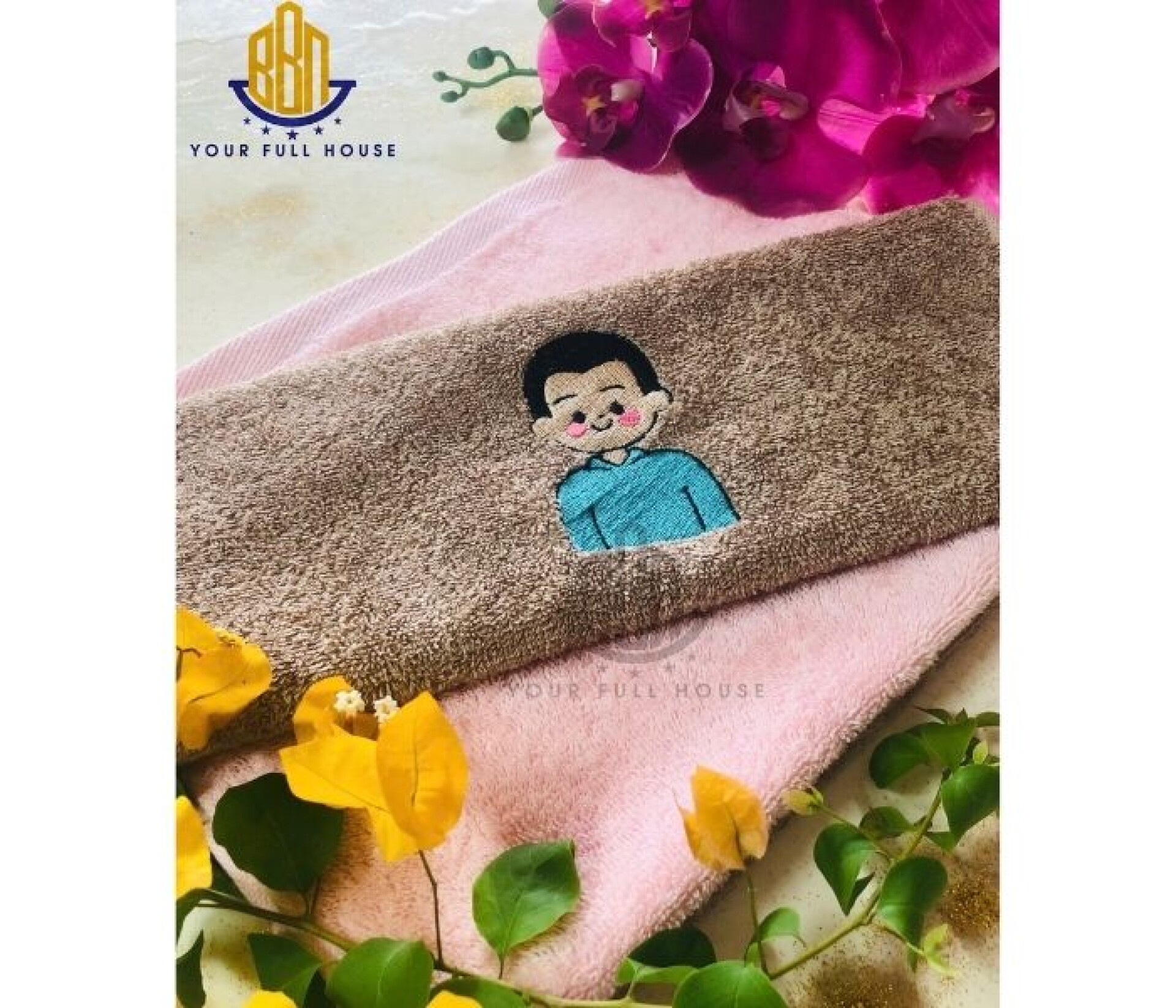 Khăn Mặt Cotton Hữu Cơ Thương Hiệu BBN Thêu Hình Gia Đình 30x45cm Chất Lượng
