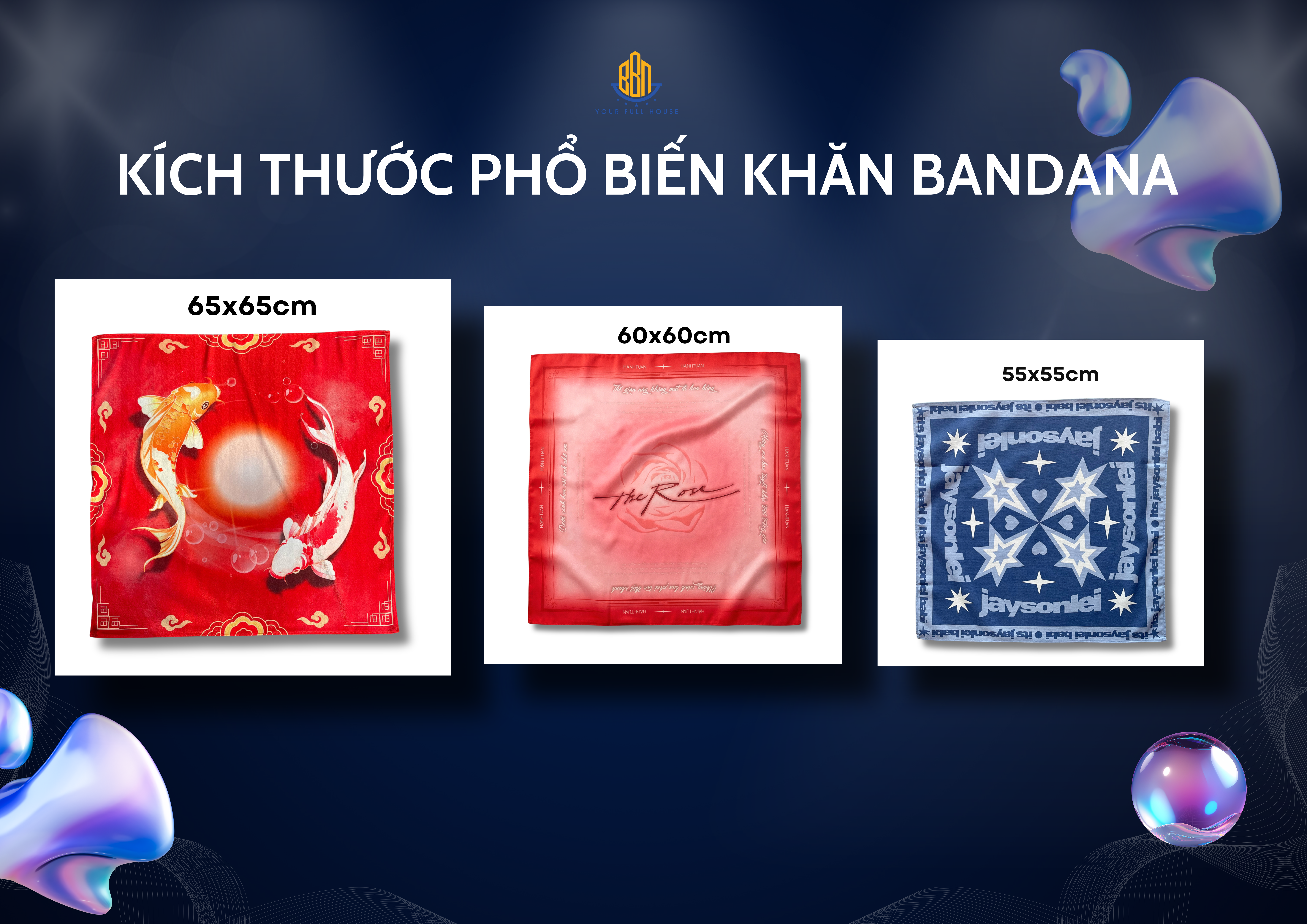 C&aacute;c mẫu khăn bandana th&agrave;nh phẩm với nhiều k&iacute;ch thước v&agrave; họa tiết in kh&aacute;c nhau
